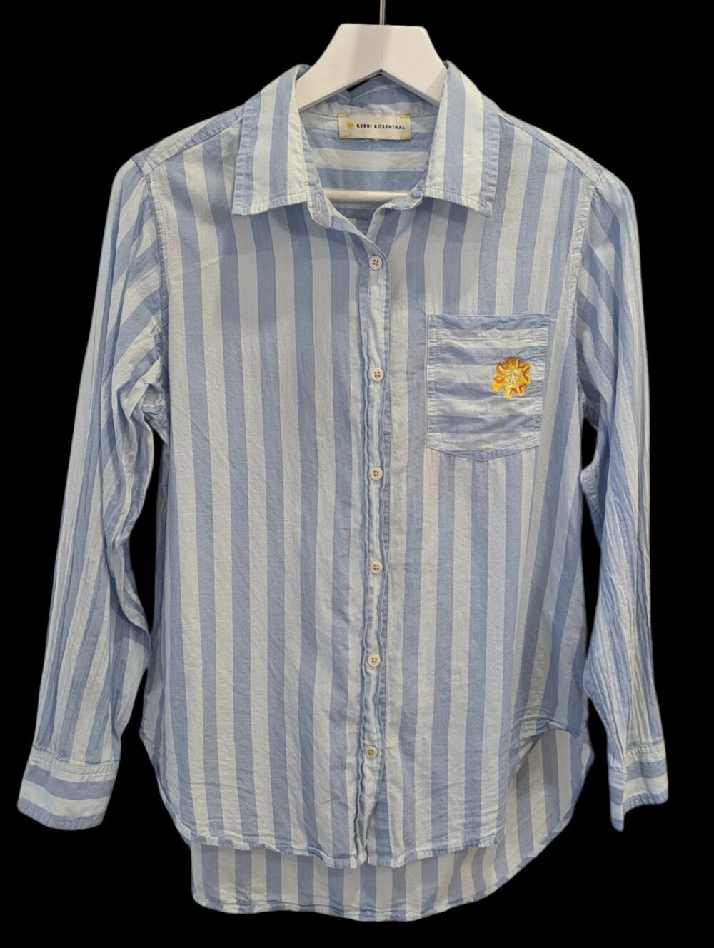 Kerri Rosenthal Blue Stripe Button-Down Shirt with Pocket Embroidery